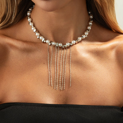 Pearl and Pearl Silvertone Irregular Bead Chain Tassel Necklace, vintage-inspired design, styled look