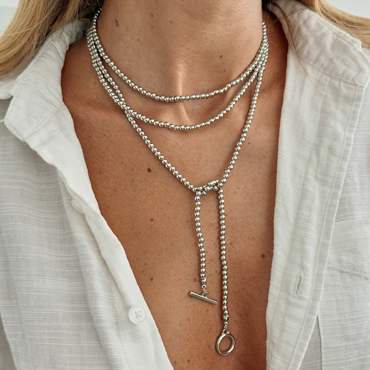 Silvertone Bead Chain Toggle Necklace, botanical inspired, styled look