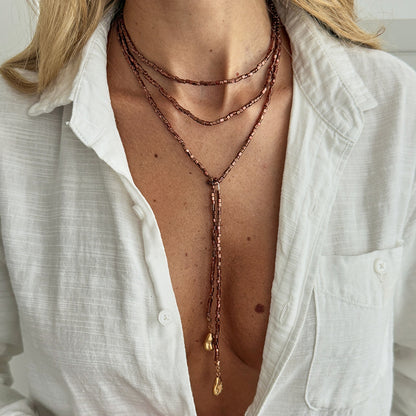 Brown Acrylic and Goldtone Bead Chain Drop Necklace, dainty minimalist design, styled look