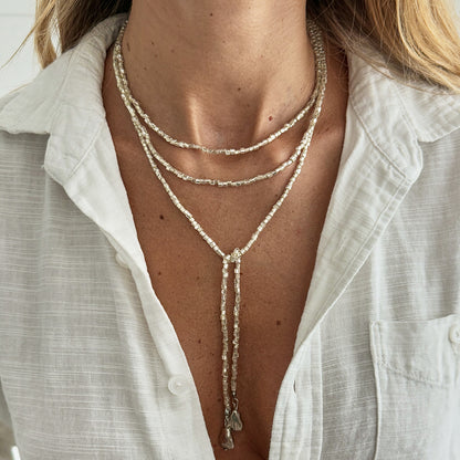 Silver Acrylic and Silvertone Bead Chain Drop Necklace, vintage-inspired design, lifestyle look