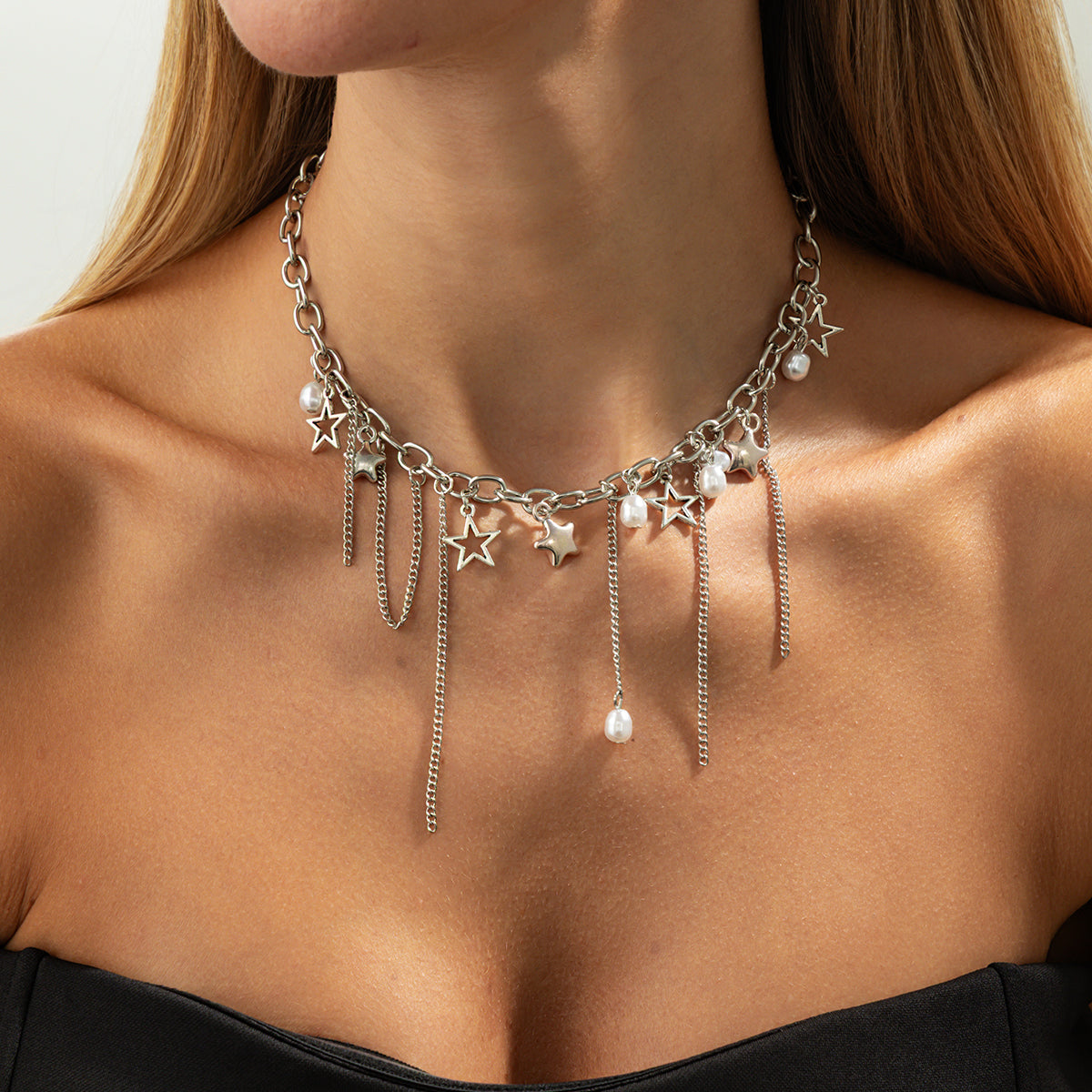 Pearl and Silvertone Star Tassel Collar Necklace, dainty minimalist design, lifestyle look