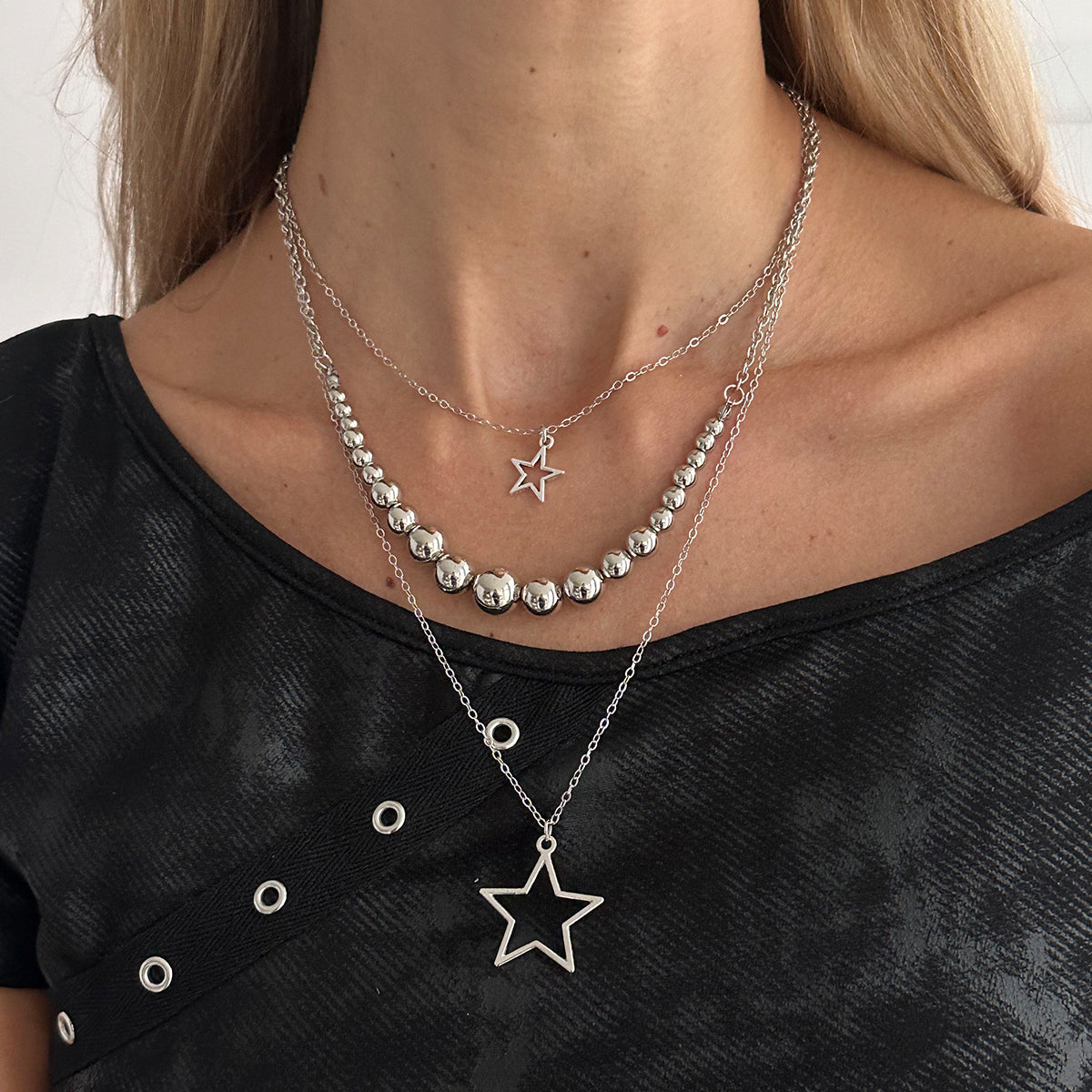 Silvertone Graduated Beaded Chain Open Star Pendant Layered Necklace, elegant gift for her, lifestyle look