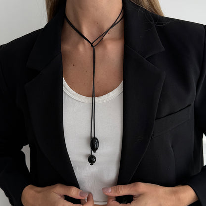 Black Resin and Polyster Dual-Drop Long Necklace, everyday style, lifestyle look