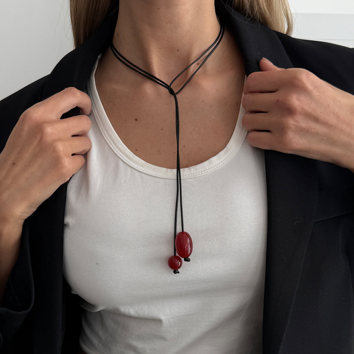 Red Resin and Polyster Dual-Drop Long Necklace, everyday style, styled look