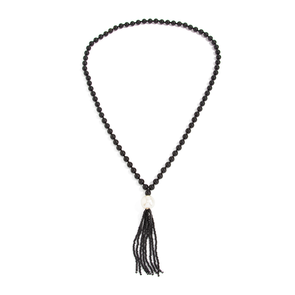 Black Resin and Pearl Big Ball Tassel Necklace, dainty minimalist design, front view