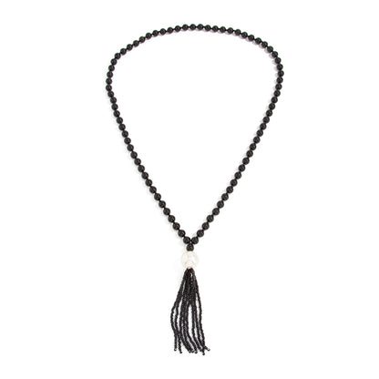 Black Resin and Pearl Big Ball Tassel Necklace, dainty minimalist design, front view