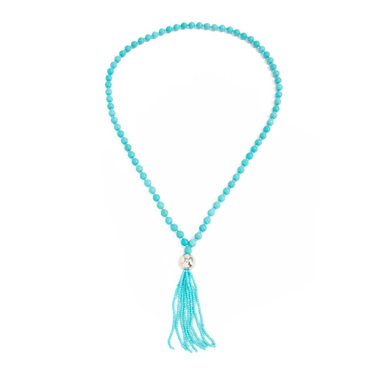 Blue Resin and Silvertone Big Ball Tassel Necklace, everyday style, front view