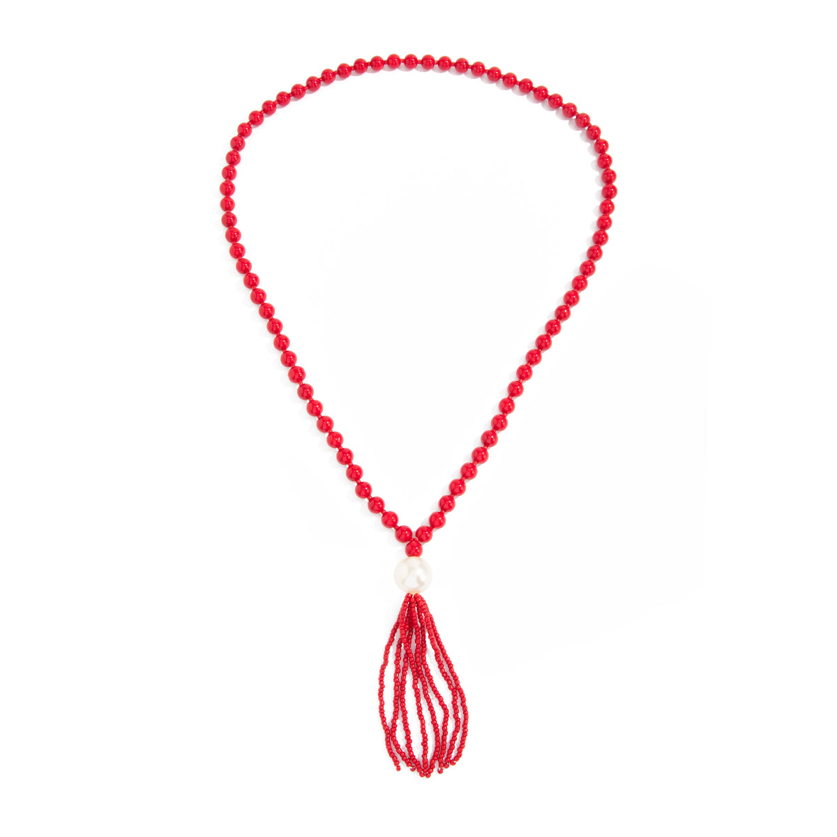 Red Resin and Pearl Big Ball Tassel Necklace, elegant gift for her, front view