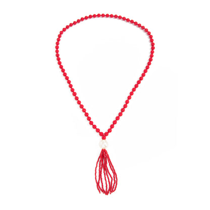Red Resin and Pearl Big Ball Tassel Necklace, elegant gift for her, front view