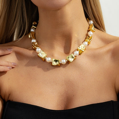 Pearl and Goldtone Ice Cube Station Necklace, elegant gift for her, styled look