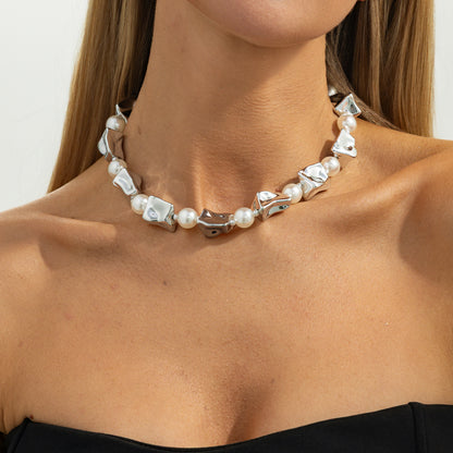 Pearl and Silvertone Ice Cube Station Necklace, dainty minimalist design, lifestyle look