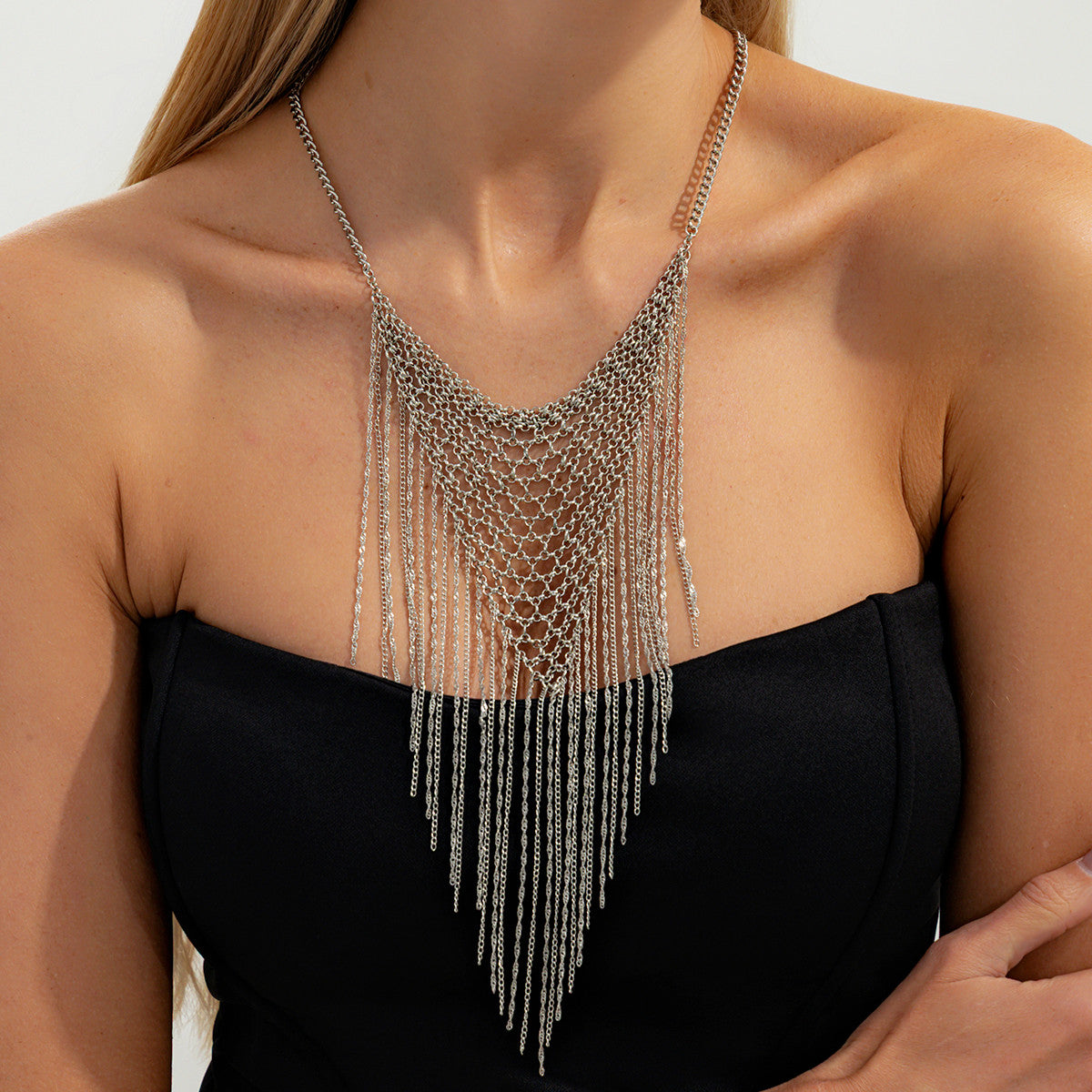Silvertone Netted Rhombus Tassel Necklace, elegant gift for her, lifestyle look