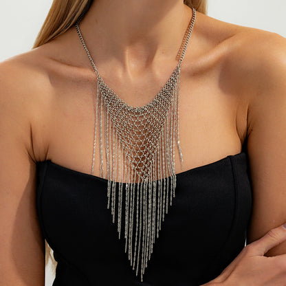 Silvertone Netted Rhombus Tassel Necklace, elegant gift for her, lifestyle look