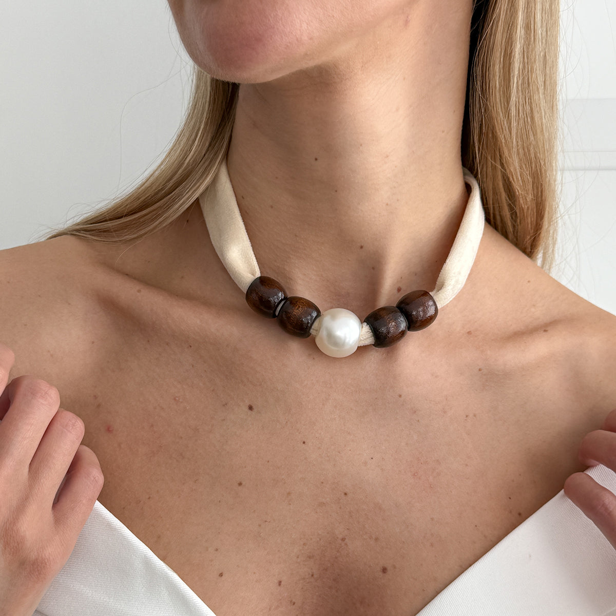 Beige Polyster and Wood Pearl Silvertone Ball Collar Necklace, everyday style, lifestyle look