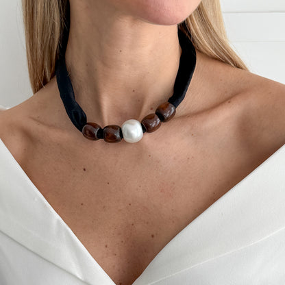 Black Polyster and Wood Pearl Silvertone Ball Collar Necklace, everyday style, styled look