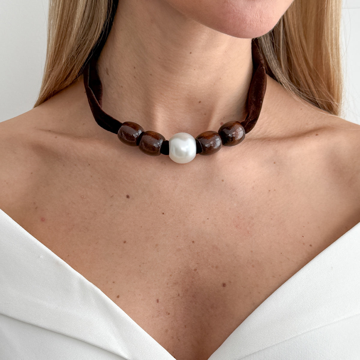 Dark Brown Polyster and Wood Pearl Silvertone Ball Collar Necklace, everyday style, lifestyle look