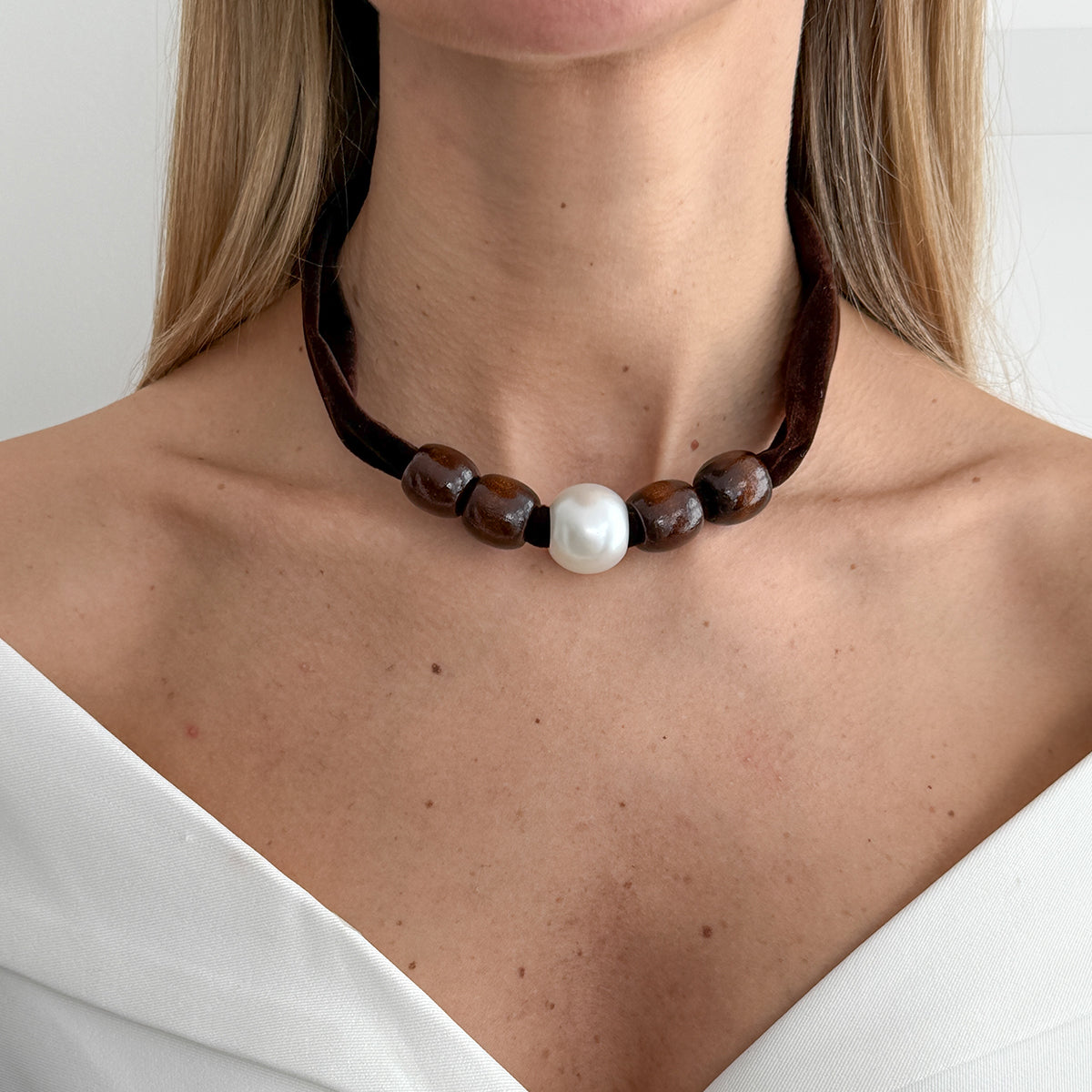 Wine Red Polyster and Wood Pearl Silvertone Ball Collar Necklace, everyday style, lifestyle look