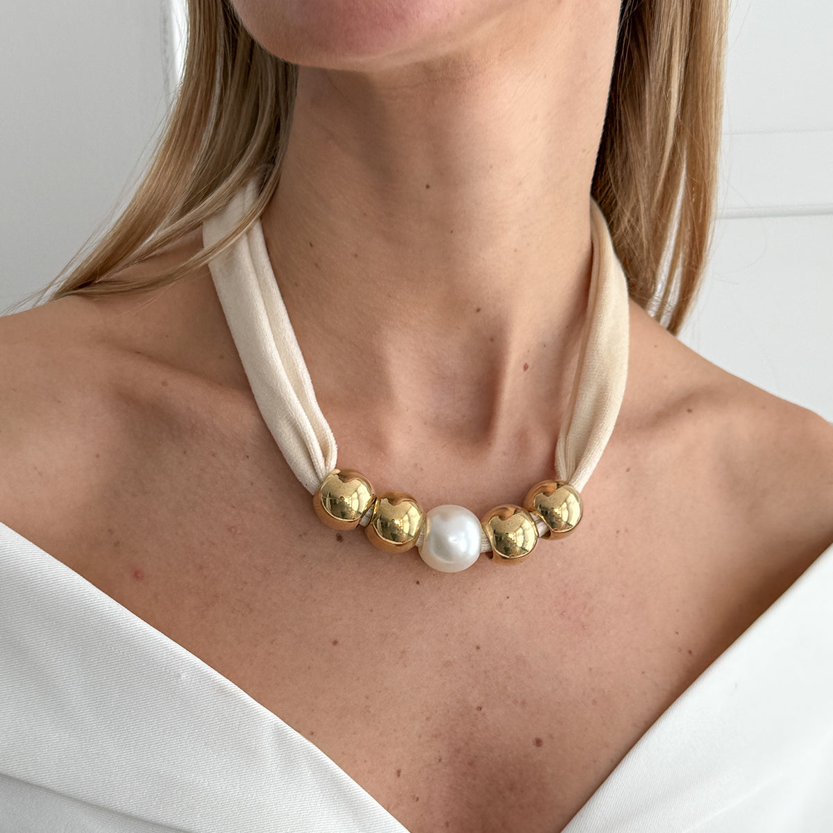 Beige Polyster and Pearl Goldtone Ball Collar Necklace, botanical inspired, lifestyle look