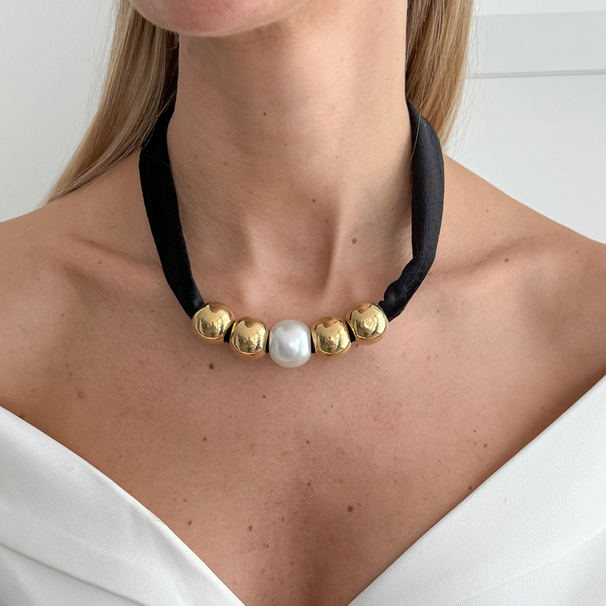 Black Polyster and Pearl Goldtone Ball Collar Necklace, everyday style, lifestyle look