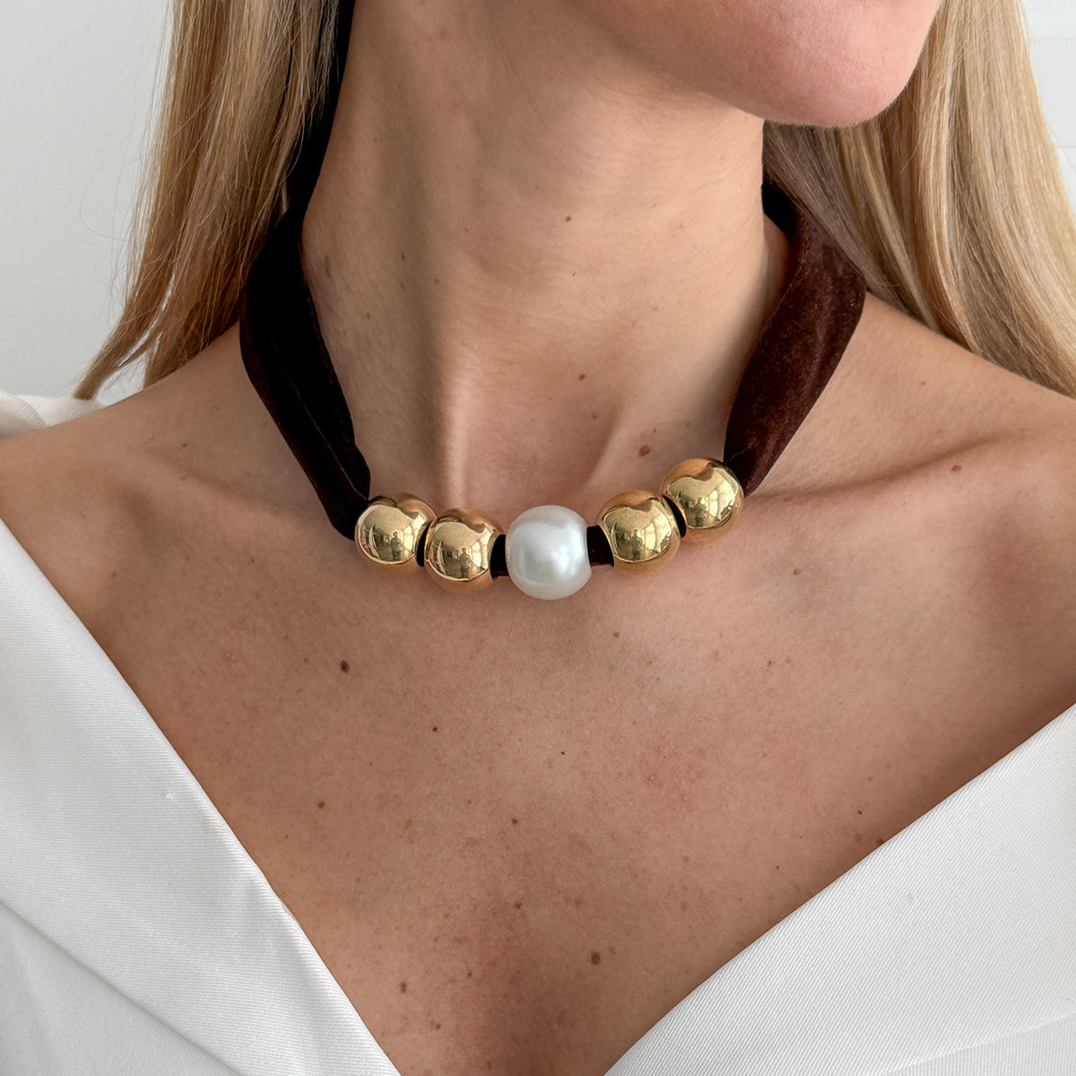 Dark Brown Polyster and Pearl Goldtone Ball Collar Necklace, botanical inspired, lifestyle look
