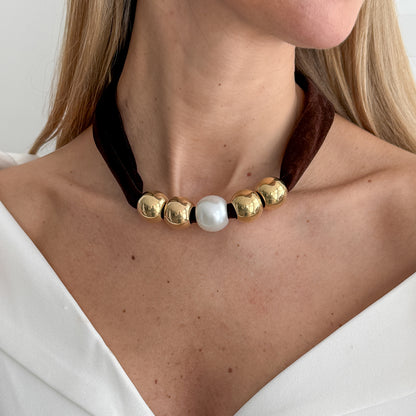 Dark Brown Polyster and Pearl Goldtone Ball Collar Necklace, botanical inspired, lifestyle look