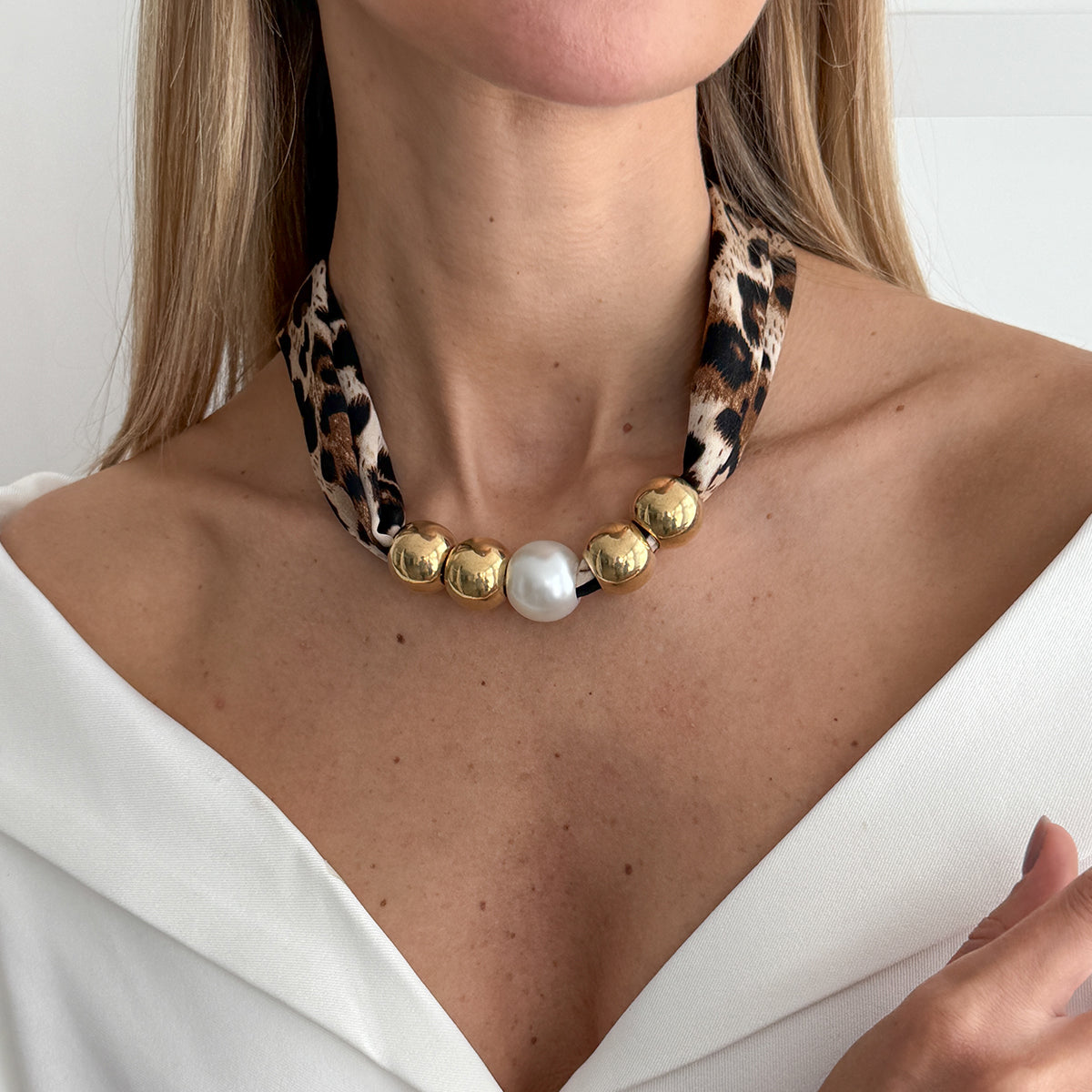 Leopard Print Polyster and Pearl Goldtone Ball Collar Necklace, everyday style, lifestyle look