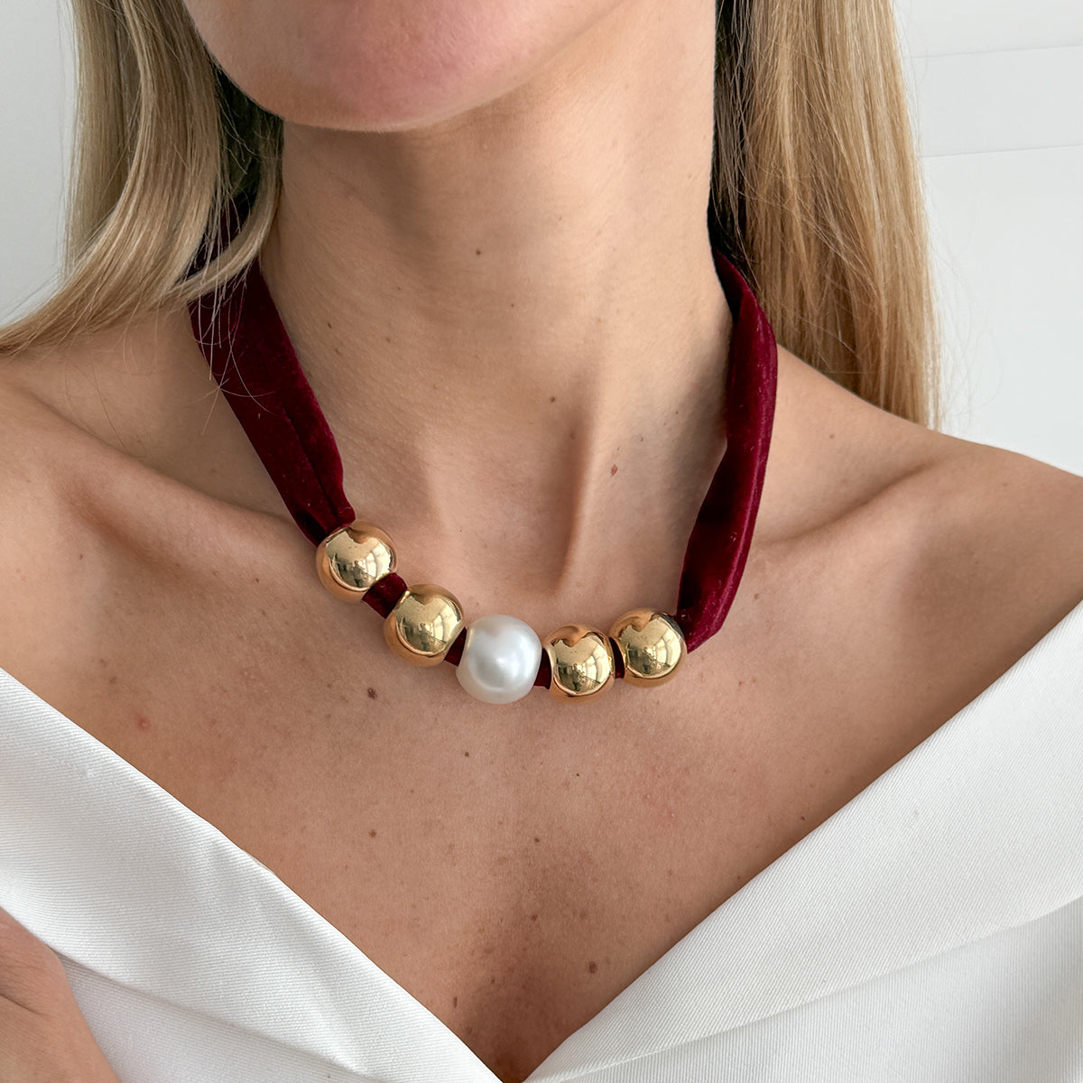 Wine Red Polyster and Pearl Goldtone Ball Collar Necklace, botanical inspired, lifestyle look
