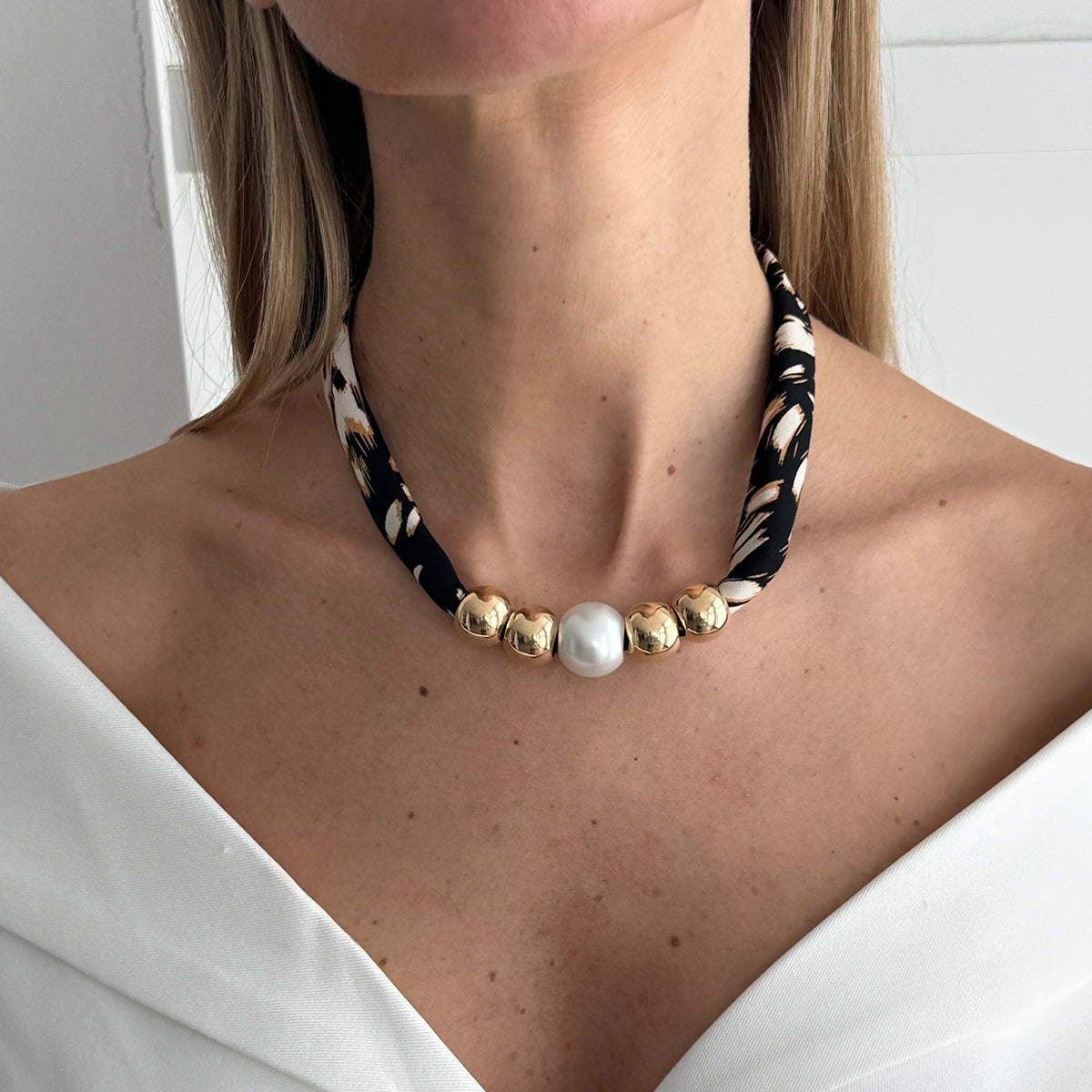 Botany Print Polyster and Pearl Goldtone Ball Collar Necklace, botanical inspired, lifestyle look