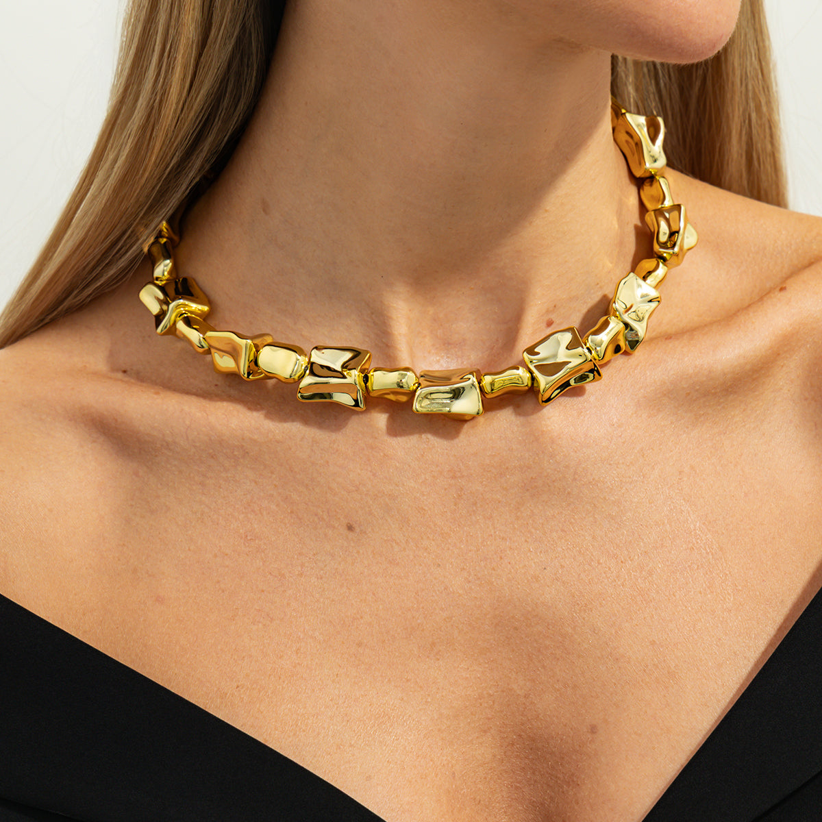 Goldtone Ice Cube Chain Collar Necklace, dainty minimalist design, styled look