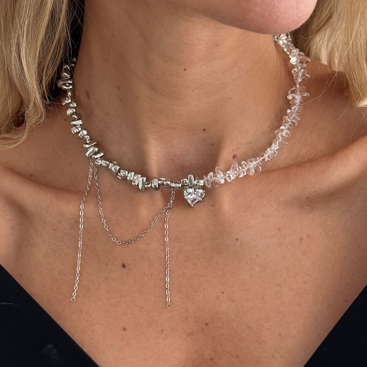 Clear Acrylic and Crystal Silvertone Heart Tassel Patchwork Collar Necklace, vintage-inspired design, lifestyle look