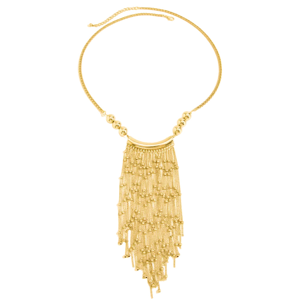 Goldtone Ball Tassel Statement Necklace, elegant gift for her, front view