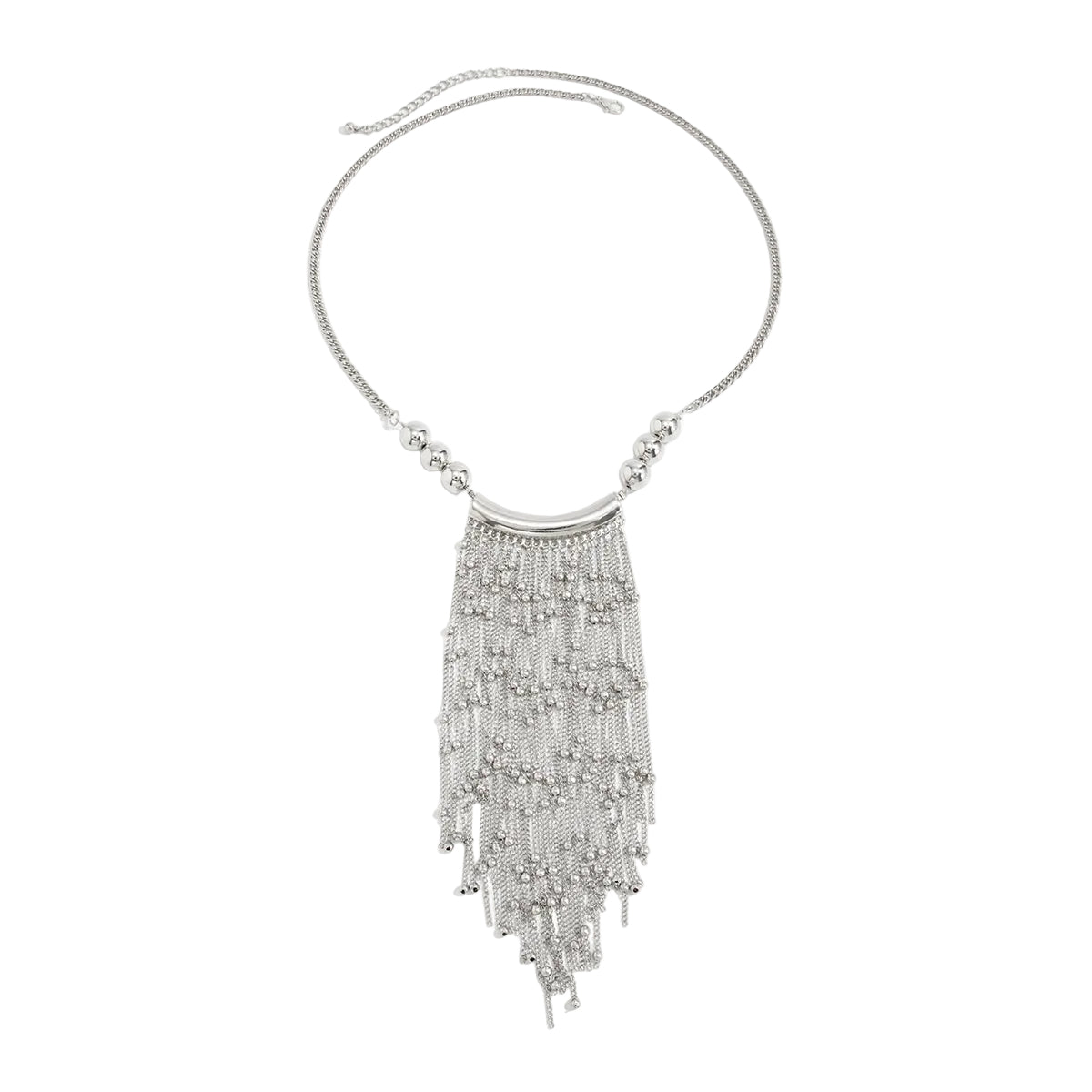 Silvertone Ball Tassel Statement Necklace, elegant gift for her, front view