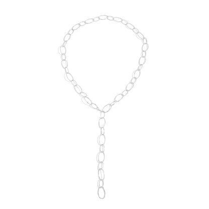 Silvertone Oval Chain Lariat Necklace, botanical inspired, front view