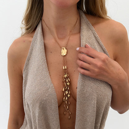 Goldtone Geometric Tassel Statement Necklace, vintage-inspired design, lifestyle look