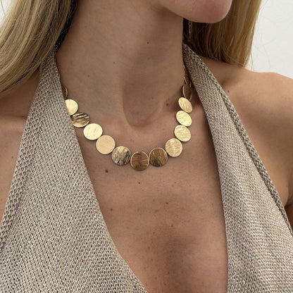 Goldtone Disc Chain Necklace, dainty minimalist design, lifestyle look