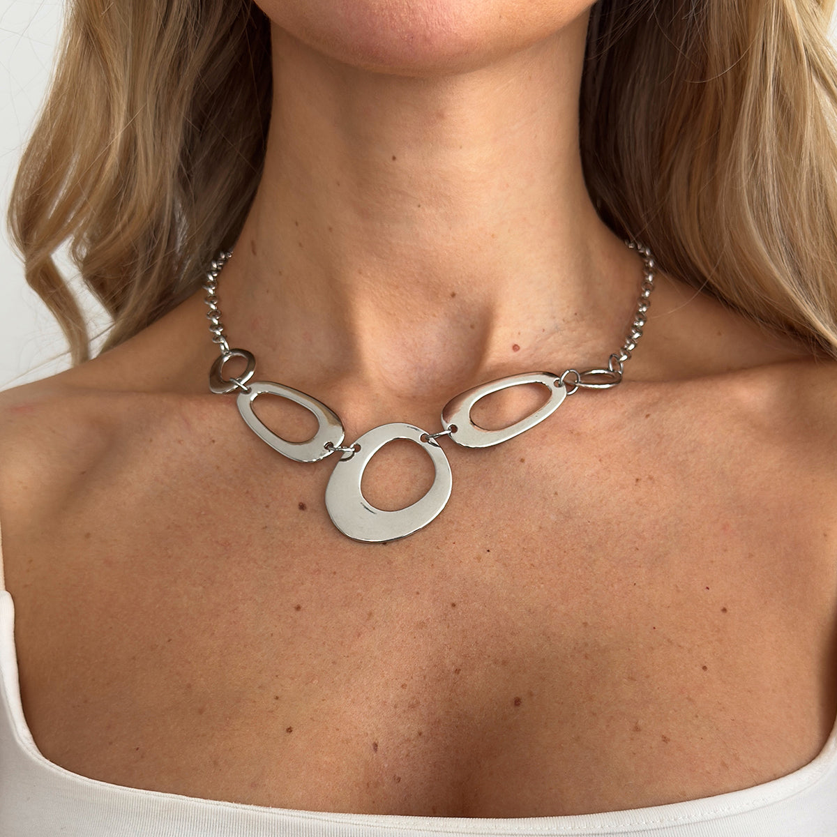 Silvertone Open Geometric Necklace, botanical inspired, lifestyle look