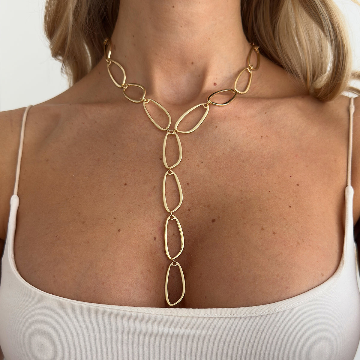 Goldtone Open Drop Lariat Necklace, botanical inspired, lifestyle look
