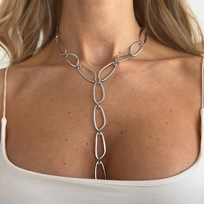 Silvertone Open Drop Lariat Necklace, everyday style, lifestyle look