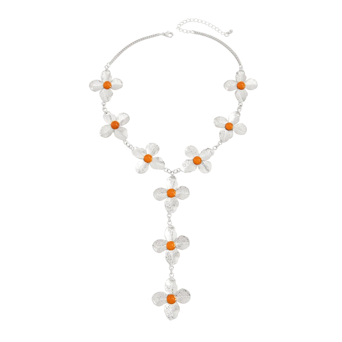Resin and Silvertone Flower Statement Y-Necklace, botanical inspired, front view