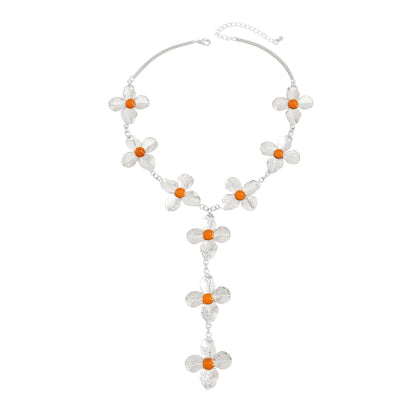 Resin and Silvertone Flower Statement Y-Necklace, botanical inspired, front view
