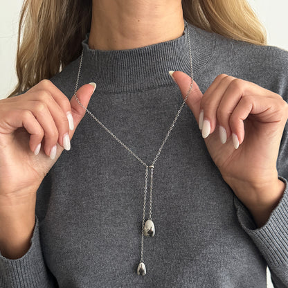 Silvertone Dual-Drop Lariat Necklace, dainty minimalist design, lifestyle look