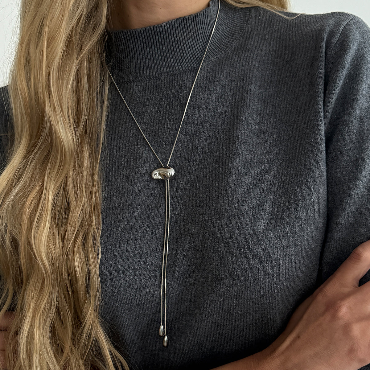 Silvertone Drop Tassel Lariat Necklace, dainty minimalist design, lifestyle look