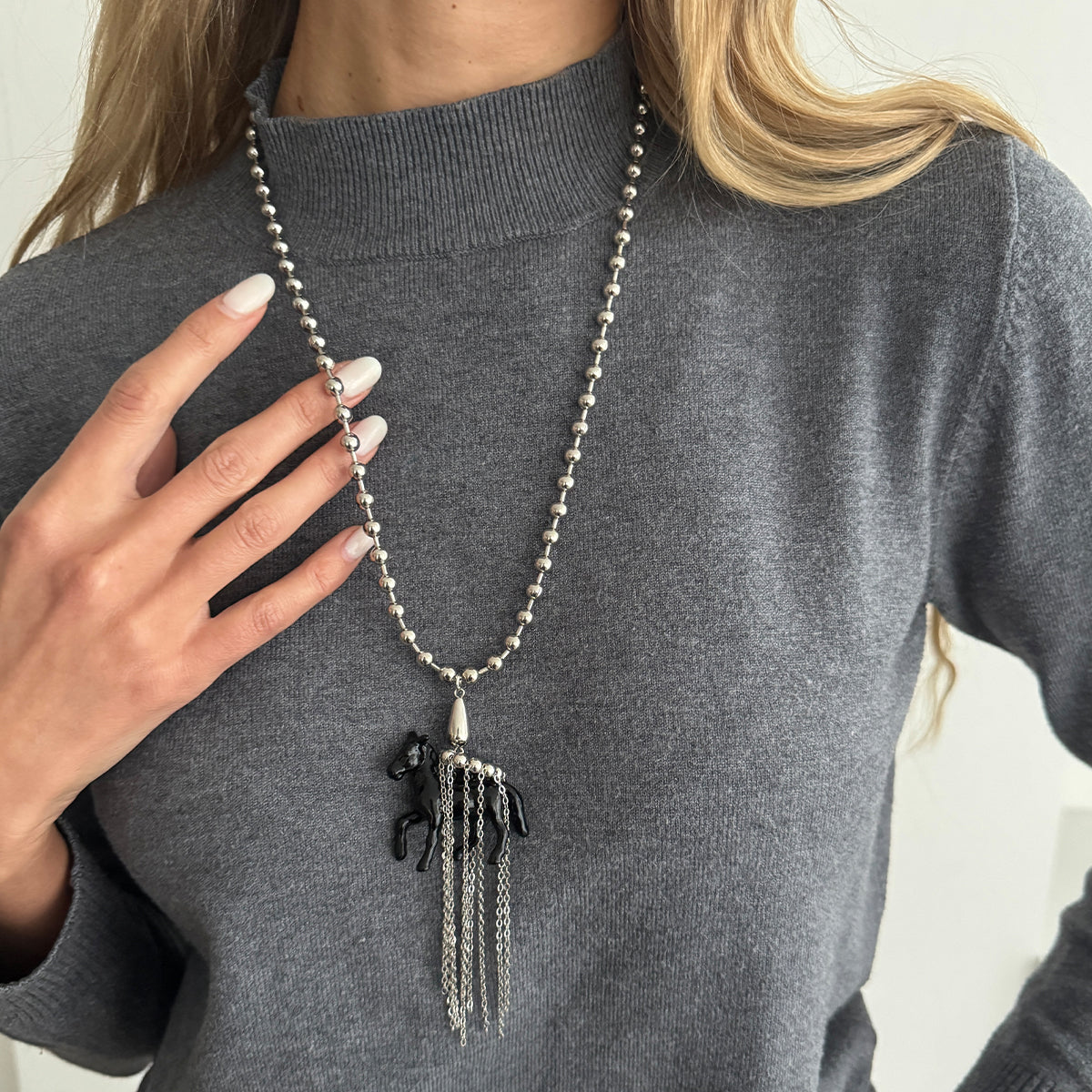 Black Acrylic and Silvertone Horse Pendant Ball Chain Necklace, botanical inspired, lifestyle look