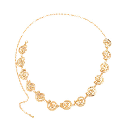 Goldtone Swirl Charm Waist Chain, dainty minimalist design, front view
