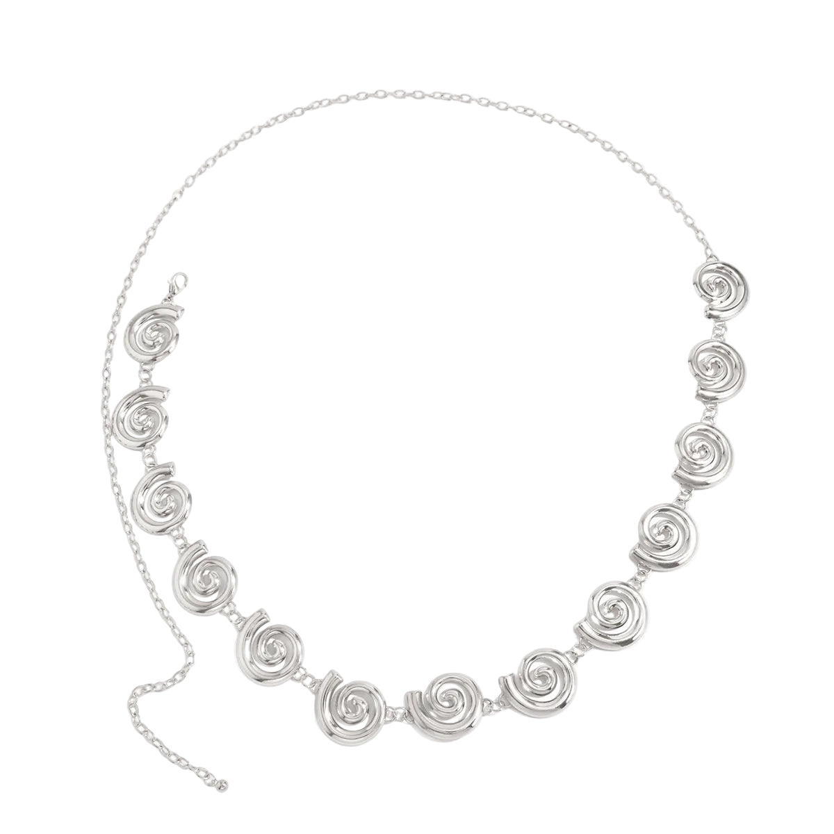 Silvertone Swirl Charm Waist Chain, dainty minimalist design, front view