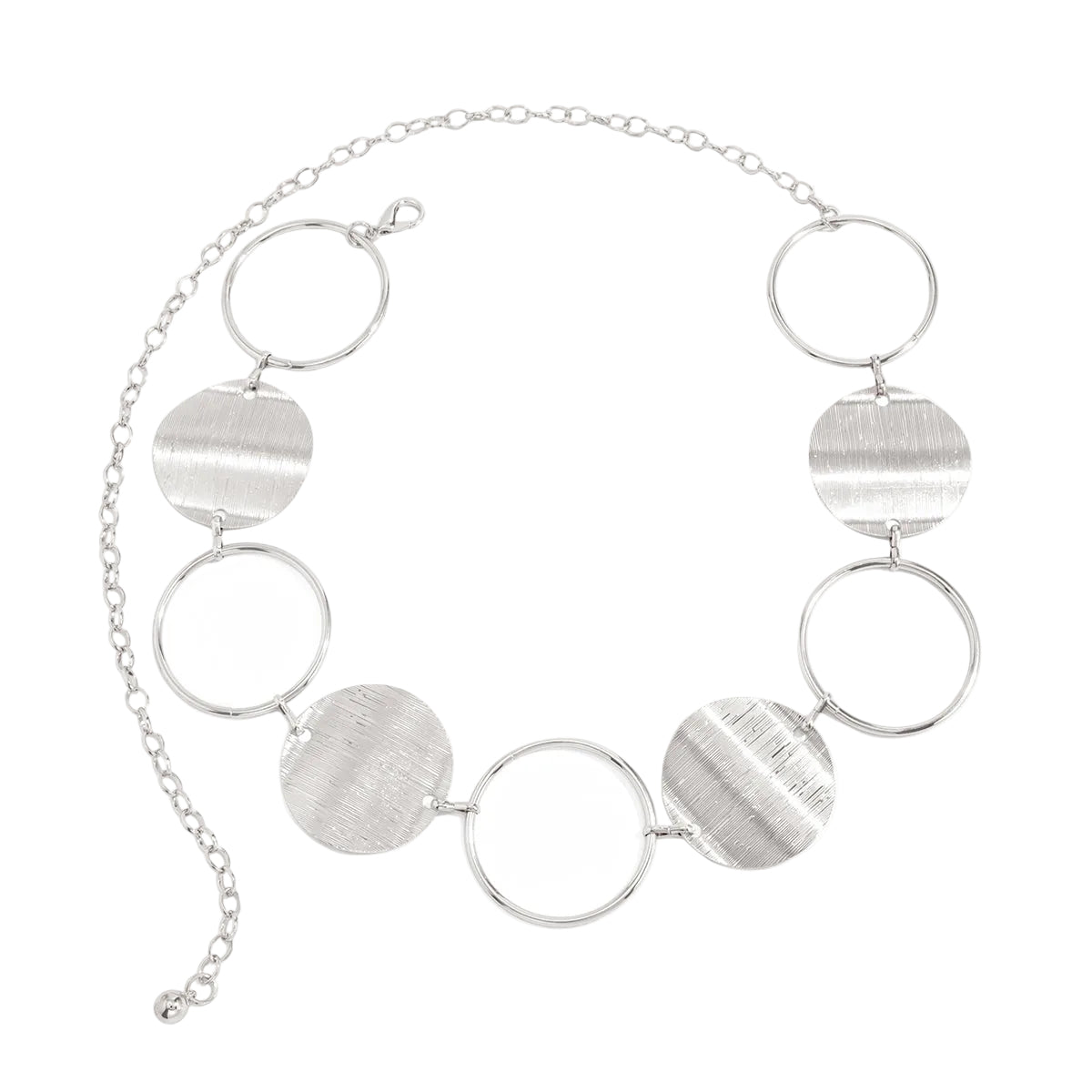 Silvertone Textured and Open Circular Charm Waist Chain, botanical inspired, front view