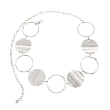 Silvertone Textured and Open Circular Charm Waist Chain, botanical inspired, front view