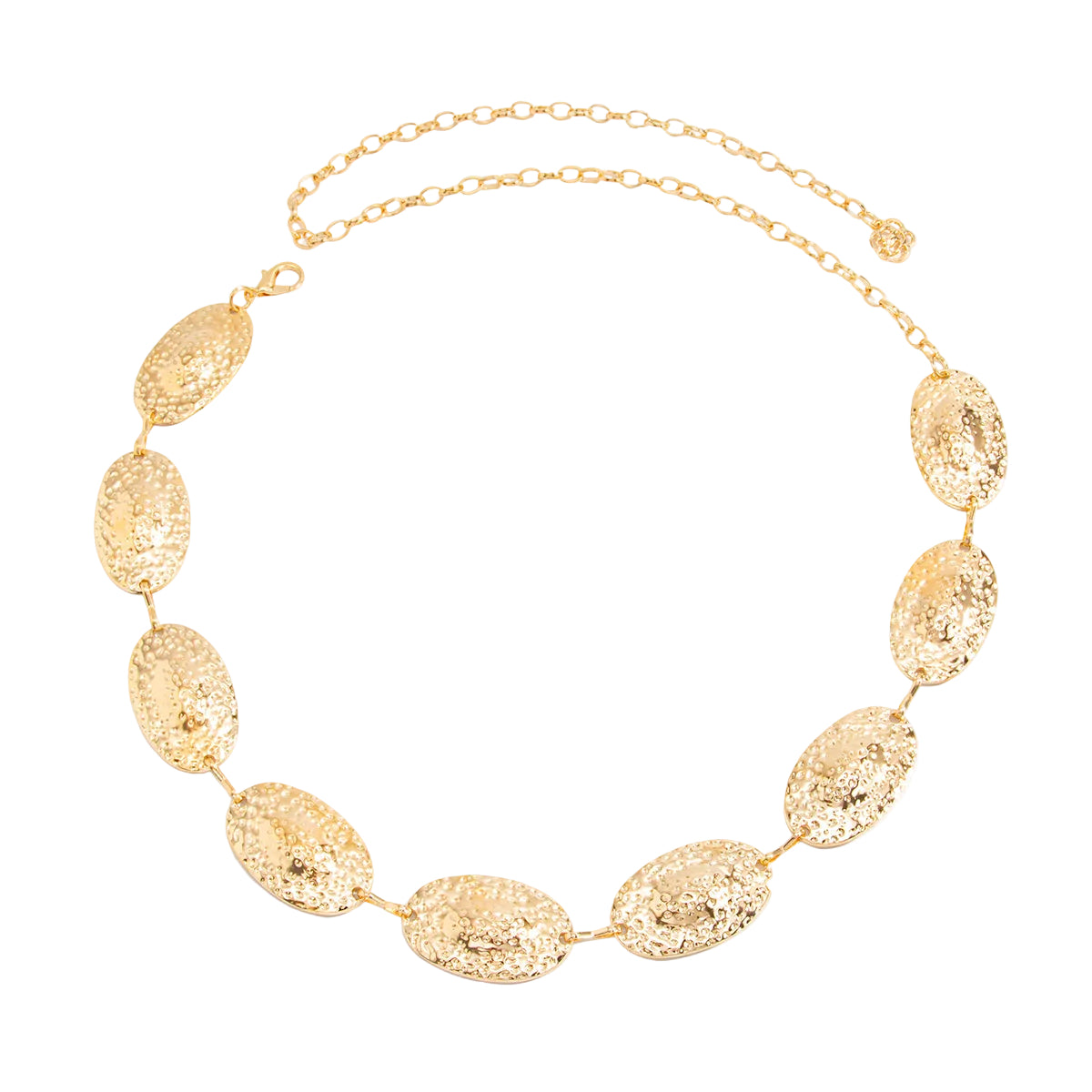 Goldtone Hammered Oval Station Waist Chain, dainty minimalist design, front view
