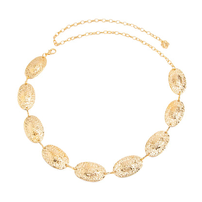Goldtone Hammered Oval Station Waist Chain, dainty minimalist design, front view