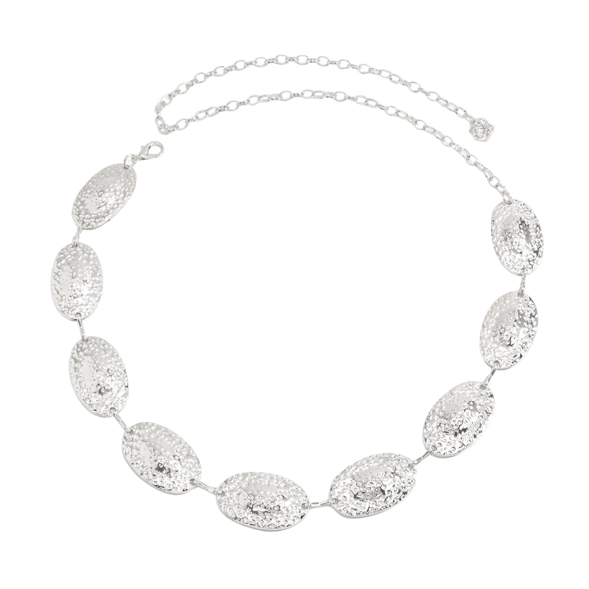 Silvertone Hammered Oval Station Waist Chain, everyday style, front view